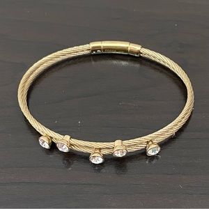 FOSSIL Goldtone Stainless Steel Cable Wire CZ Cubic Zirconia Push Lock Bracelet